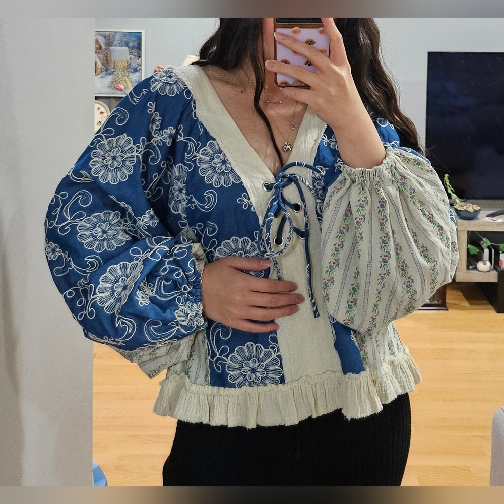 Floral Patchwork/Embroidery Blue and Cream Top